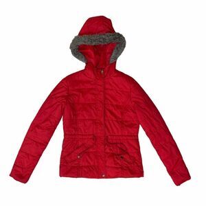 Red ARIZONA tie waist fur trim hood puffer coat Sm